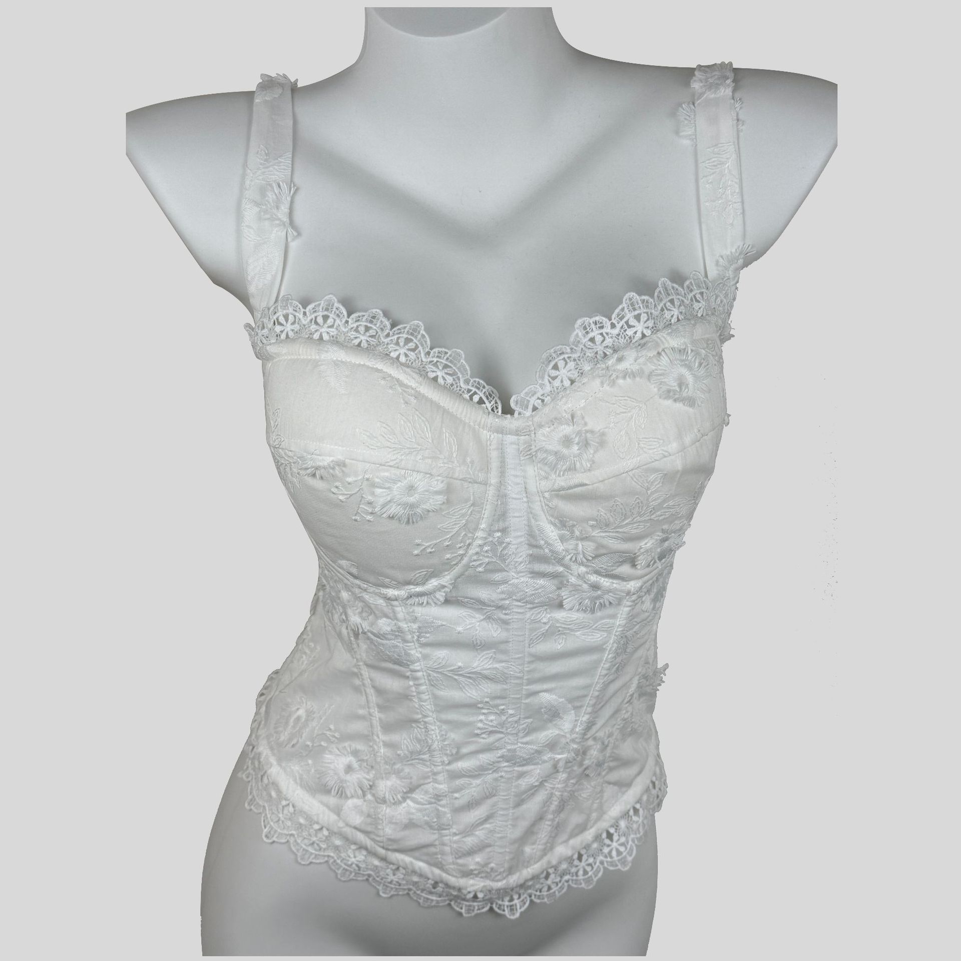 White Lace Cami Corset Top - 3D Floral Embroidery Bone Shaper Bustier